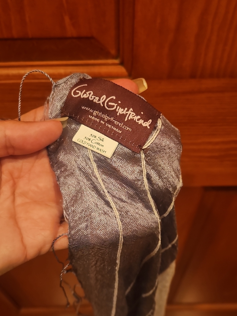 Global Girlfriend Grey and White Striped Silk Cotton Blend Fringed Scarf